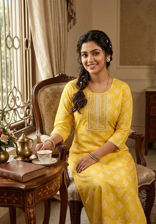 Mustard Yellow Printed Cotton Kurti for Women – Round Neck Straight Kurti (3/4 Sleeve) - L, Lightning Yellow