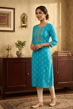 Turquoise Blue Printed Cotton Kurti for Women – Round Neck Straight Kurti (3/4 Sleeve) - L, Azure Radiance