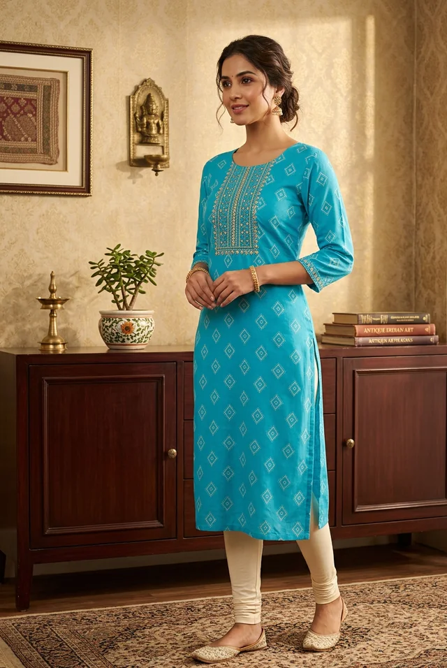 Turquoise Blue Printed Cotton Kurti for Women – Round Neck Straight Kurti (3/4 Sleeve) - L, Azure Radiance