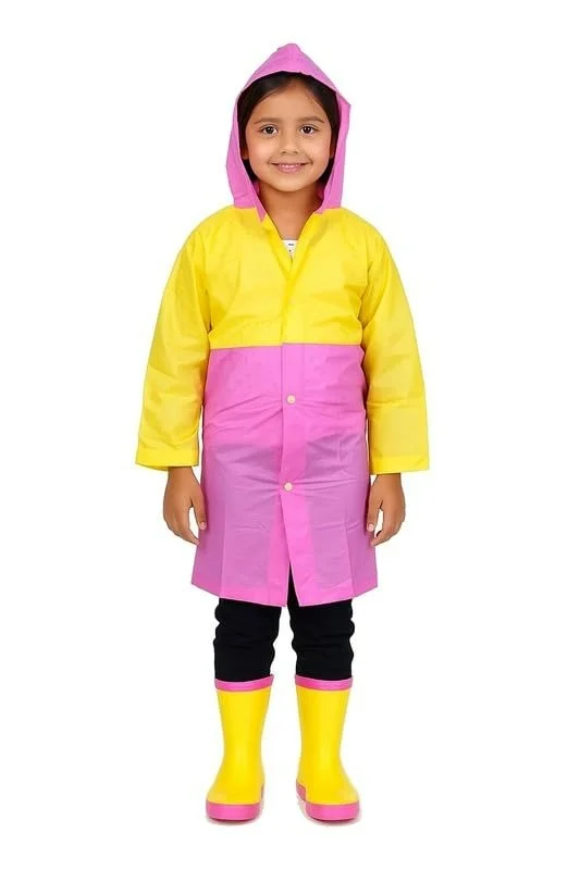 Kids PVC Raincoat with School Bag Cover for Boys & Girls | Lightweight Hooded Long Rainwear with Pockets (Random color) - XXL, 1