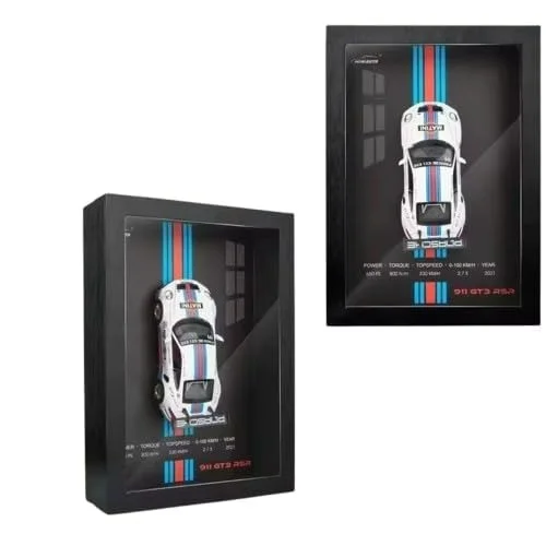 3D Car Frame Wall Art Wooden Hanging Painting Frame with Removable Die-Cast Cars, Lights & Sounds Pull-Back Action & Opening Doors Collectible Display for Car Decoration (1:32 Porsche 911 GT3 RSR)