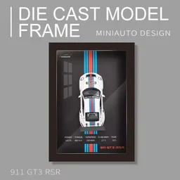 3D Car Frame Wall Art Wooden Hanging Painting Frame with Removable Die-Cast Cars, Lights & Sounds Pull-Back Action & Opening Doors Collectible Display for Car Decoration (1:32 Porsche 911 GT3 RSR)