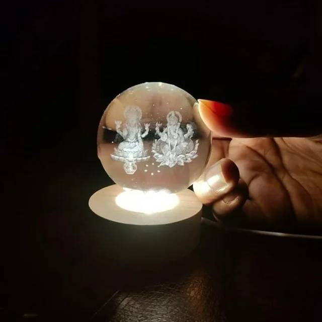 Bizboost Lakshmi Ganesh Crystal Ball Lamp with Wooden Base