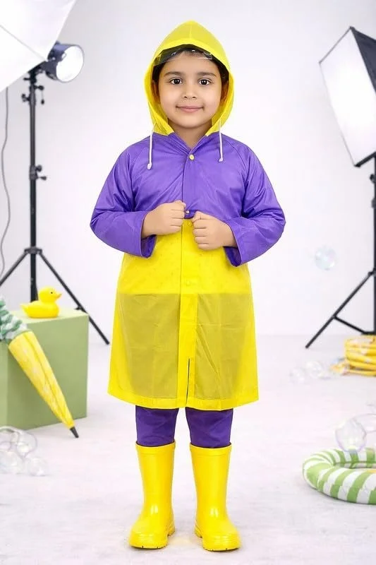 Kids PVC Raincoat with School Bag Cover for Boys & Girls | Lightweight Hooded Long Rainwear with Pockets (Random color) - XXL, 1