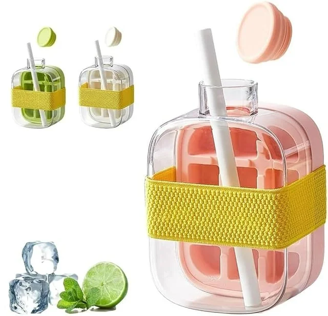 2-in-1 Ice Cube Water Bottle with Straw – 500ml Portable Ice Maker with Lid & Ice Storage Bin(Random Colour)