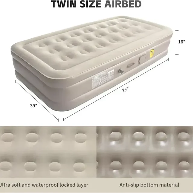 Inflatable Air Mattress with - Waterproof Single & Portable Blow Up Bed Built-in Pump - Quick Inflation PVC Airbed
- Single bed