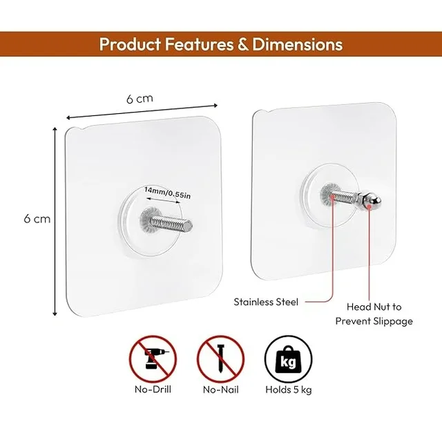 Heavy Duty Adhesive Screw Hooks for Wall – Nail-Free Stainless Steel Hanging Hooks for Kitchen