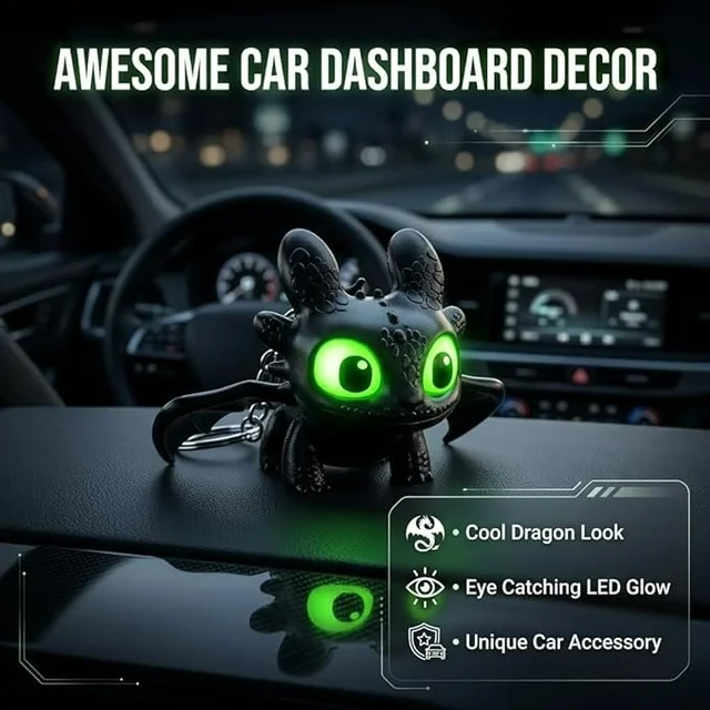 Premium Black Mini Dragon Keychain with LED Glowing Green Eyes - Cute Fantasy Action Figure Bag Charm, Backpack Accessory & Light-Up Keyring Toy Gift for Kids and Adults