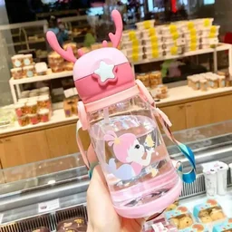 Cute Deer Horn Water Bottle 600ml – Leakproof BPA-Free Bottle with Straw (Random Design)