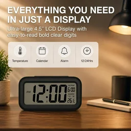 Digital Alarm Clock with Automatic Sensor LED Display Table Clock Date Time & Temperature Display Smart Desk Clock for Students, Bedroom Home & Office Black