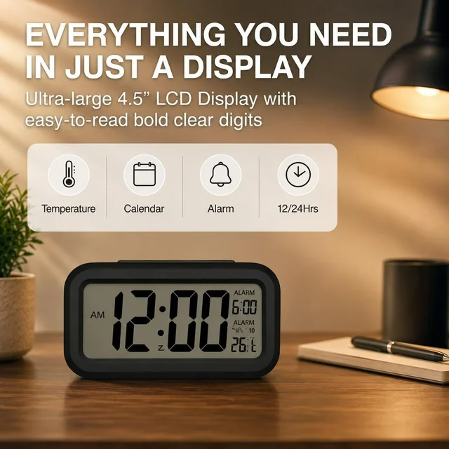 Digital Alarm Clock with Automatic Sensor LED Display Table Clock Date Time & Temperature Display Smart Desk Clock for Students, Bedroom Home & Office Black