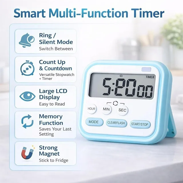 Stopwatch Timer for Study Kitchen Timer Large LCD Screen 24hr Digital Display Magnetic Retractable Stand Loud Alarm Stop Watch Countdown Flashing Light Study Timer for Students Cooking (Random Color)