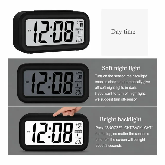 Digital Alarm Clock with Automatic Sensor LED Display Table Clock Date Time & Temperature Display Smart Desk Clock for Students, Bedroom Home & Office Black