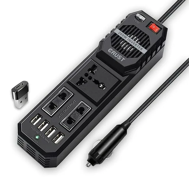 Car Laptop Charger Power Inverter 200W; 12V DC to 220V AC, 3 AC Outlets, 4 USB Ports + 15W Type C Adapter, Rapid Cooling Fan, External Fuse, 6 Layers of Protection (1 Year Warranty From Crust)