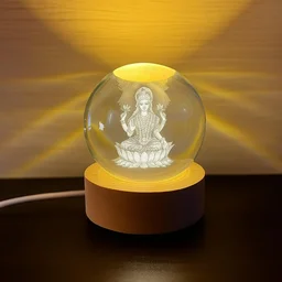 3D Crystal Ball Night Lamp – Engraved Goddess Lakshmi LED Light, USB-Powered Table Lamp with Wooden Base