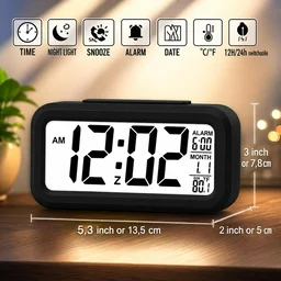 Digital Alarm Clock with Automatic Sensor LED Display Table Clock Date Time & Temperature Display Smart Desk Clock for Students, Bedroom Home & Office Black