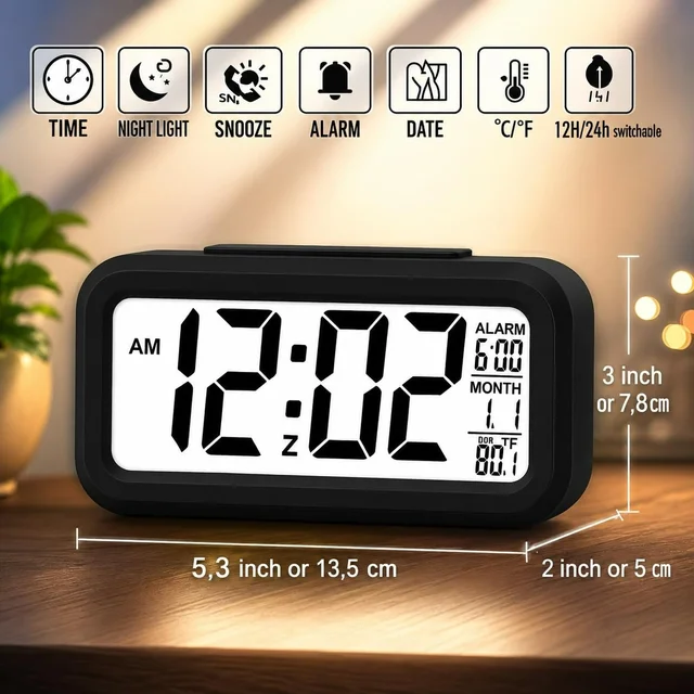 Digital Alarm Clock with Automatic Sensor LED Display Table Clock Date Time & Temperature Display Smart Desk Clock for Students, Bedroom Home & Office Black
