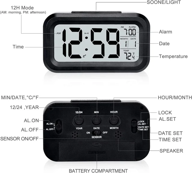 Digital Alarm Clock with Automatic Sensor LED Display Table Clock Date Time & Temperature Display Smart Desk Clock for Students, Bedroom Home & Office Black