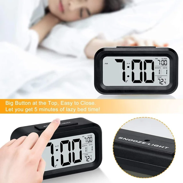 Digital Alarm Clock with Automatic Sensor LED Display Table Clock Date Time & Temperature Display Smart Desk Clock for Students, Bedroom Home & Office Black
