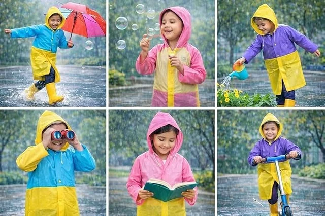 Kids PVC Raincoat with School Bag Cover for Boys & Girls | Lightweight Hooded Long Rainwear with Pockets (Random color) - XXL, 1