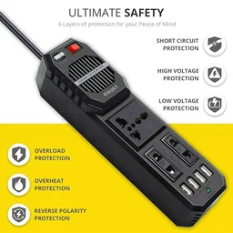 Car Laptop Charger Power Inverter 200W; 12V DC to 220V AC, 3 AC Outlets, 4 USB Ports + 15W Type C Adapter, Rapid Cooling Fan, External Fuse, 6 Layers of Protection (1 Year Warranty From Crust)
