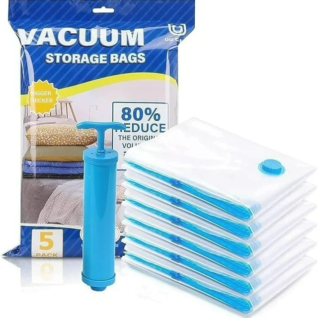 Vacuum Storage Bags for Clothes with Hand Pump – 5-Pack Space Saver Bags for Travel & Home