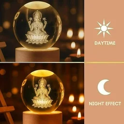 3D Crystal Ball Night Lamp – Engraved Goddess Lakshmi LED Light, USB-Powered Table Lamp with Wooden Base