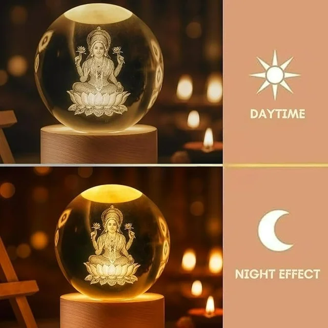 3D Crystal Ball Night Lamp – Engraved Goddess Lakshmi LED Light, USB-Powered Table Lamp with Wooden Base
