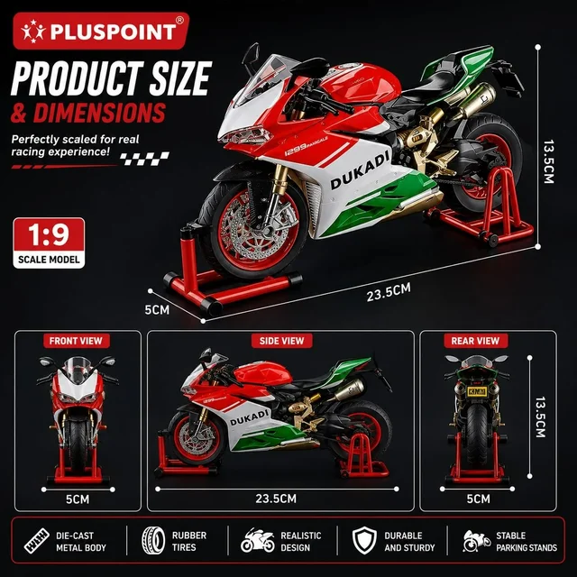 Diecast Ducati Bike Motorcycle Toy 1:9 Scale Model with Sound Effects, LED Lights, Ignition System and Smoke Spray, Model Vehicle Toy Street Machine Alloy Simulation Super Bike