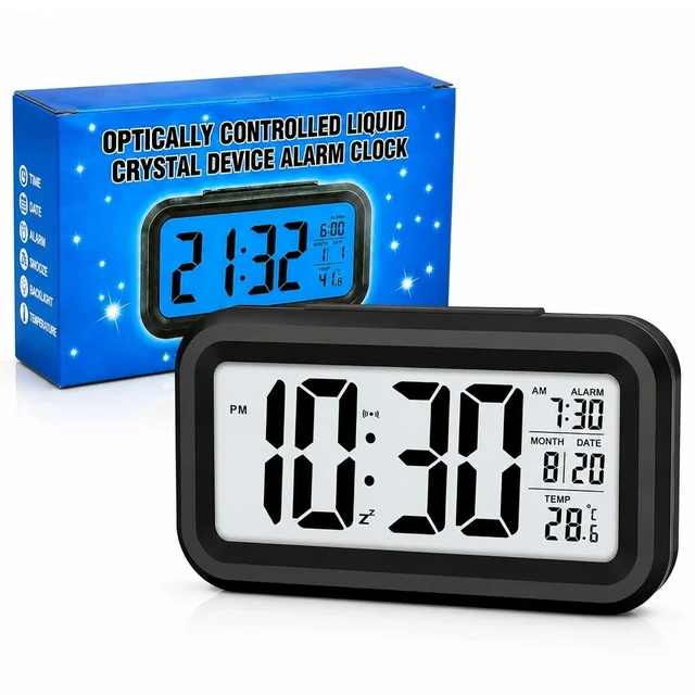 Digital Alarm Clock with Automatic Sensor LED Display Table Clock Date Time & Temperature Display Smart Desk Clock for Students, Bedroom Home & Office Black