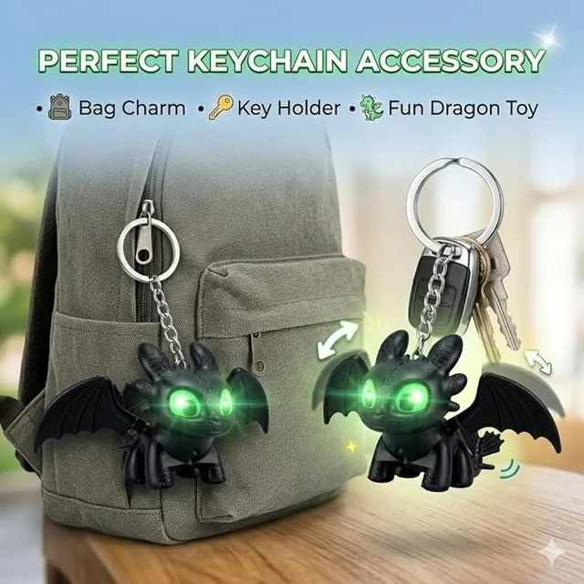 Premium Black Mini Dragon Keychain with LED Glowing Green Eyes - Cute Fantasy Action Figure Bag Charm, Backpack Accessory & Light-Up Keyring Toy Gift for Kids and Adults