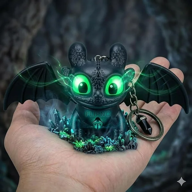 Premium Black Mini Dragon Keychain with LED Glowing Green Eyes - Cute Fantasy Action Figure Bag Charm, Backpack Accessory & Light-Up Keyring Toy Gift for Kids and Adults