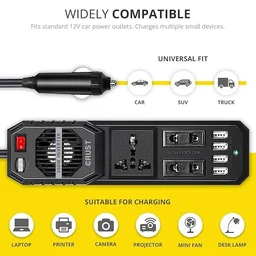 Car Laptop Charger Power Inverter 200W; 12V DC to 220V AC, 3 AC Outlets, 4 USB Ports + 15W Type C Adapter, Rapid Cooling Fan, External Fuse, 6 Layers of Protection (1 Year Warranty From Crust)
