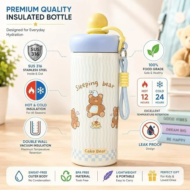 500 ml SUS316 Stainless Steel Water Bottle with Handle & Flip Cap (Blue Cake Bear 600 ml)