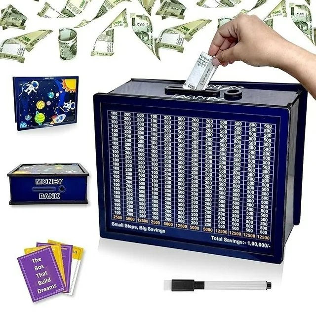 Money Saving Box for Adults 100000 Target, Wooden Smart Piggy Bank with Savings Tracker, Coin & Cash Bank for Kids & Adults (Blue/Black – Random Color)
