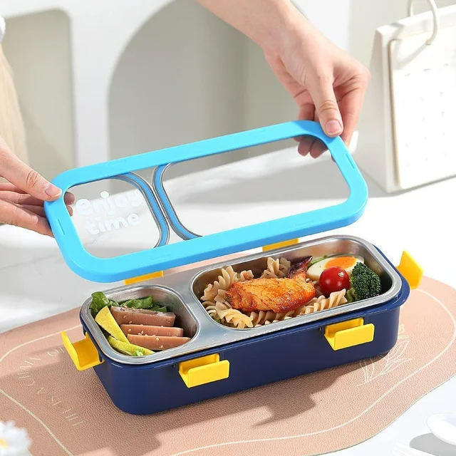 Stainless Steel Divided Thermal Lunch Box Microwave-Safe Fork Spoon Airtight Stackable 2 Compartment - 3 Compartment
