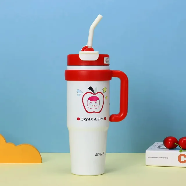 New Cartoon Print 316 Stainless Steel Vacuum Insulated Ice Cup Portable One Lid Dual Drinking Straws - Red
