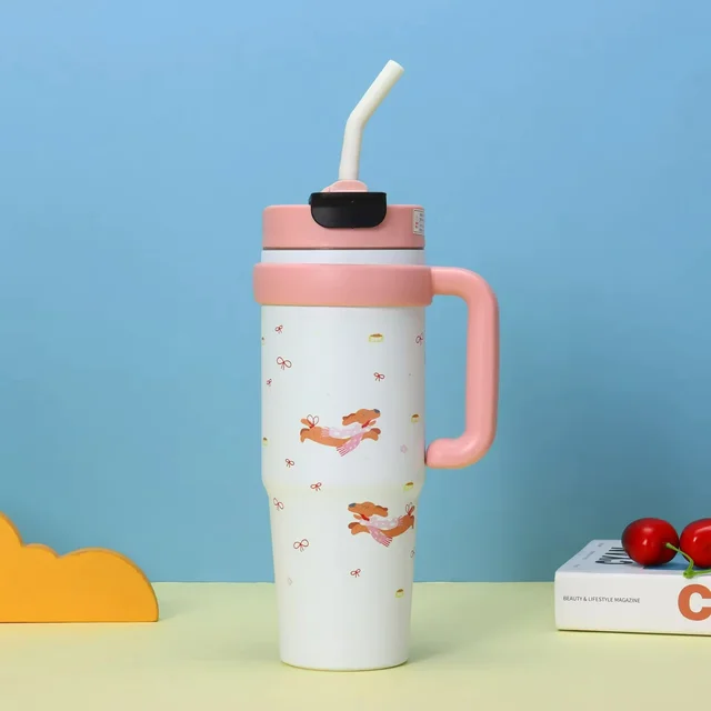 New Cartoon Print 316 Stainless Steel Vacuum Insulated Ice Cup Portable One Lid Dual Drinking Straws - Pink