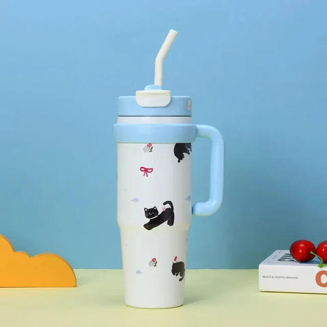 New Cartoon Print 316 Stainless Steel Vacuum Insulated Ice Cup Portable One Lid Dual Drinking Straws - Cyan