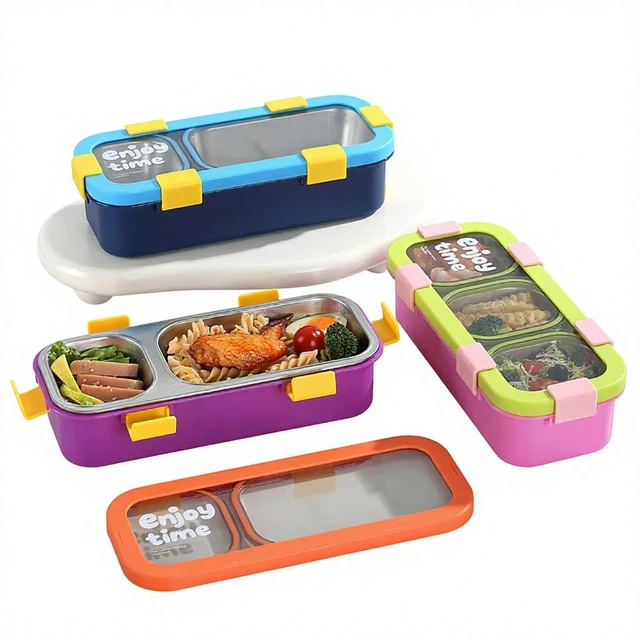 Stainless Steel Divided Thermal Lunch Box Microwave-Safe Fork Spoon Airtight Stackable 2 Compartment