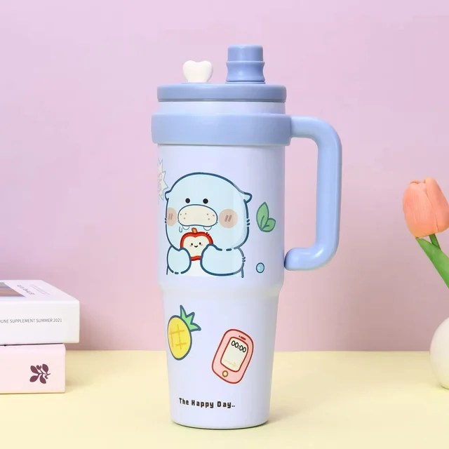 1000ml Stainless Steel Portable Vacuum Cup Modern Design Style with Classic Handle Car Cold-Keeping Ice-Bullying Water Bottle - Sky Blue