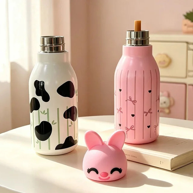 Cute Animal Head Water Bottle for Kids Stainless Steel Vacuum Thermos Bottle Fancy Children Drink Bottle - violet