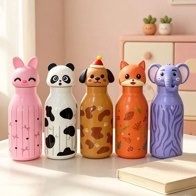 Cute Animal Head Water Bottle for Kids Stainless Steel Vacuum Thermos Bottle Fancy Children Drink Bottle