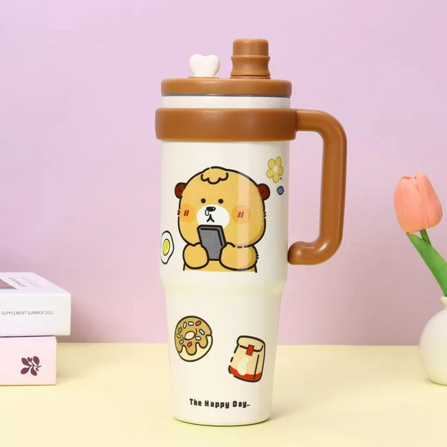 1000ml Stainless Steel Portable Vacuum Cup Modern Design Style with Classic Handle Car Cold-Keeping Ice-Bullying Water Bottle - Chocolate