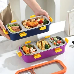 Stainless Steel Divided Thermal Lunch Box Microwave-Safe Fork Spoon Airtight Stackable 2 Compartment - 3 Compartment