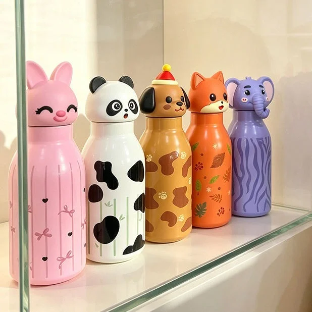 Cute Animal Head Water Bottle for Kids Stainless Steel Vacuum Thermos Bottle Fancy Children Drink Bottle - violet