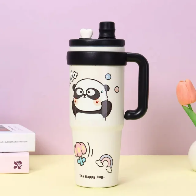 1000ml Stainless Steel Portable Vacuum Cup Modern Design Style with Classic Handle Car Cold-Keeping Ice-Bullying Water Bottle - Black