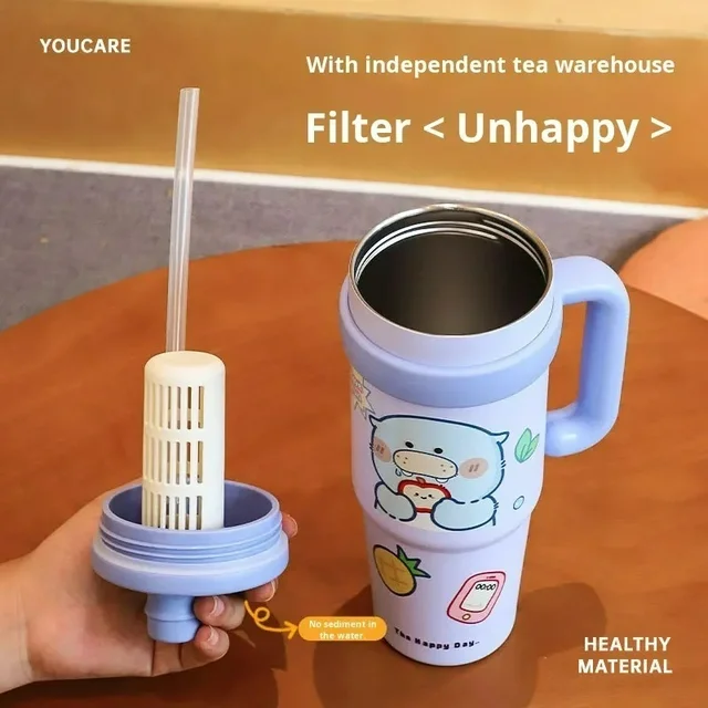 1000ml Stainless Steel Portable Vacuum Cup Modern Design Style with Classic Handle Car Cold-Keeping Ice-Bullying Water Bottle - Black