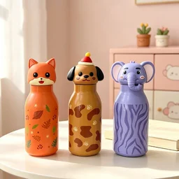 Cute Animal Head Water Bottle for Kids Stainless Steel Vacuum Thermos Bottle Fancy Children Drink Bottle - violet