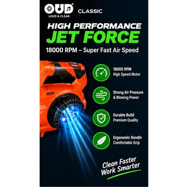 JETFORCE Powerful Blower – 18,000 RPM High-Speed Motor, 18,000mAh Battery, Powerful Copper Motor, Compact & Portable Air Blower